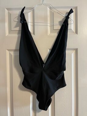 aerie Black Deep V Plunge One-Piece Swimsuit with Adjustable Tie Straps - Size L